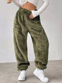 SHEIN Unity Của phụ nữ Lông cừu san hô Dày lên Lỏng dài Quần , Mùa thu Và Mùa Đông , Chống đóng cọc - màu xanh lá - Xem 4