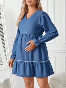 SHEIN Maternity Ruffle Sleeve Raw Edge Denim Dress - Light Wash - View 3