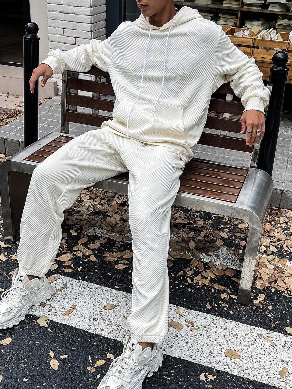 Men Plus Kangaroo Pocket Drawstring Hoodie & Sweatpants