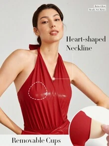 GLOWMODE Foiled Leather Effect Halter Jumpsuit With Detachable Belt Light Support - Red - View 5