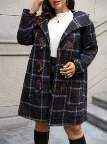 SHEIN LUNE Của phụ nữ Kích thước lớn Kẻ sọc áo có mũ Nút còi Len áo - Màu xanh hải quân - Xem 3