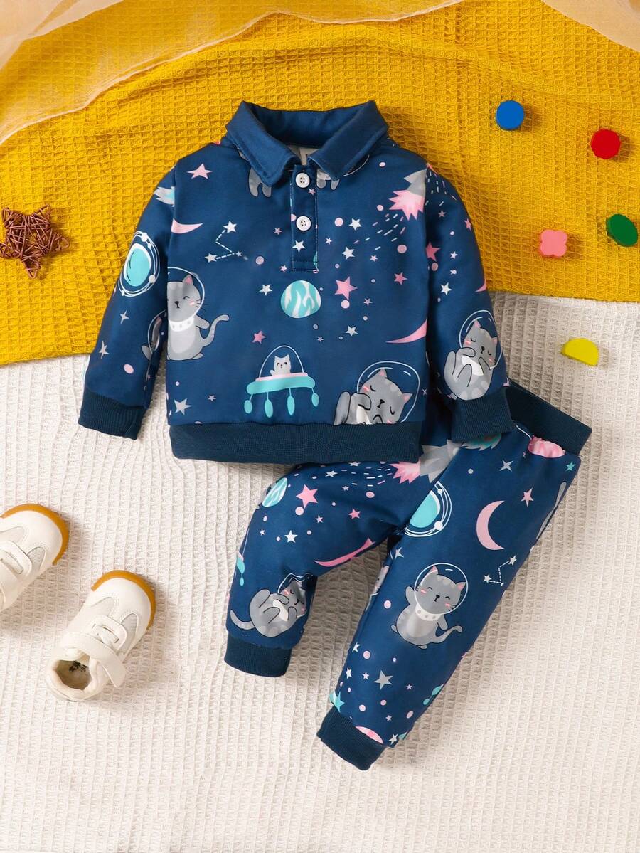 寶寶男童太空貓和火箭圖案上下套裝 - 藏蓝色 - 查看 1