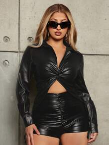 SHEIN SXY 女式扭結領pu襯衫 - 黑色 - 查看 4