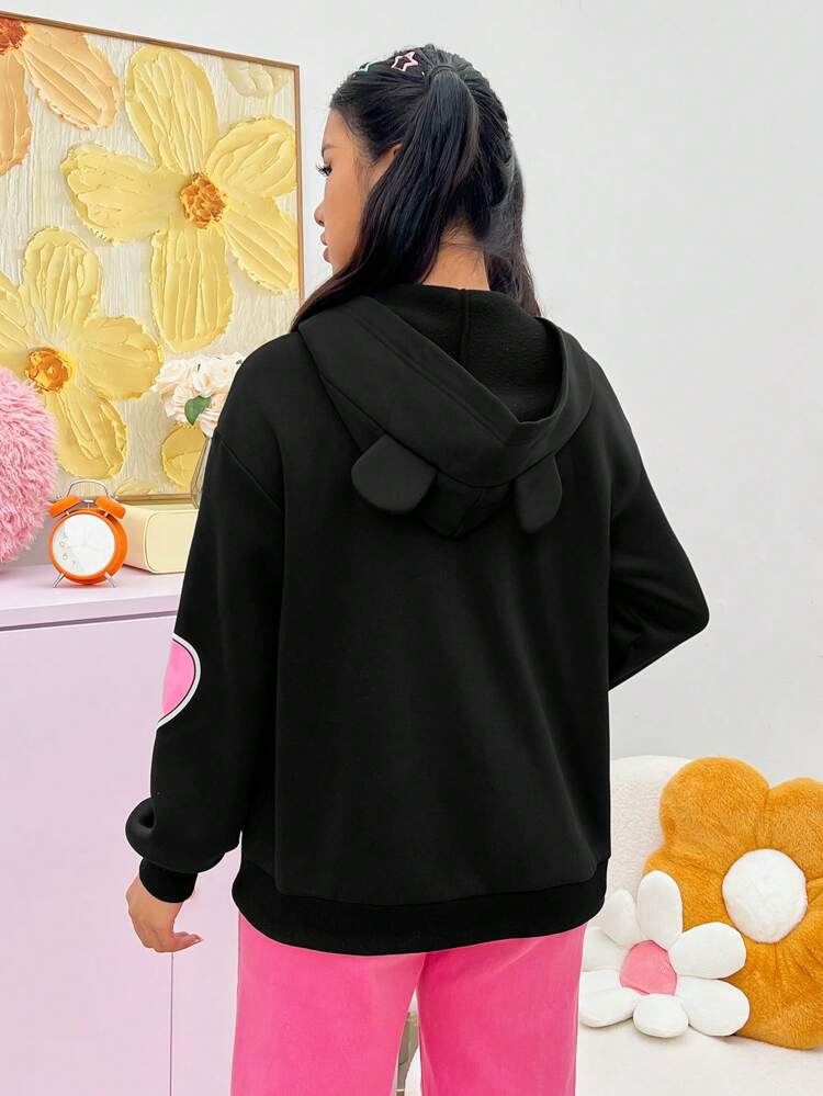 Women's Character Slogan Print 3d Ear Decorated Zippered Hoodie