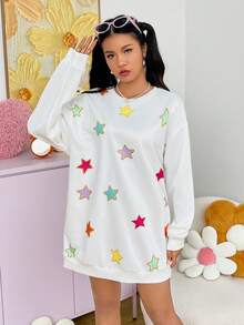 SHEIN Qutie 女性星星印花下垂肩套頭衫 - 白色 - 查看 3