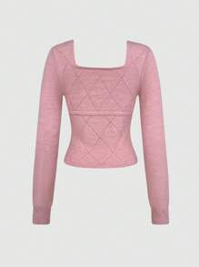 SHEIN Unity 粉色撞色修身针织套头衫秋冬毛衣 - 粉色 - 查看 2