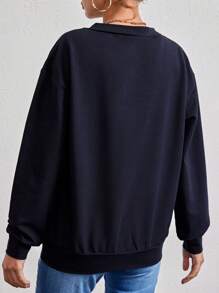 EURMUSE Heart & Letter Embroidery Drop Shoulder Sweatshirt - Navy Blue - View 2