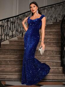 SHEIN Unity Vestido de cola de sirena con lentejuelas para mujer, atuendo de mujer maxi - Azul - Ver 3