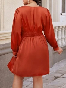 EMERY ROSE 女性加大尺碼褶皺腰圓球袖長裙 - 橘色 - 查看 2