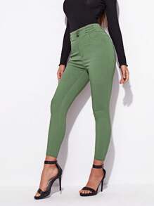 SHEIN Màu thuần Thon gọn Quần jean - xanh quân đội - Xem 2