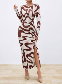 SHEIN Privé Ladies' Inexpensive Multicolor Striped Long Pleated Dress - Multicolor - View 6