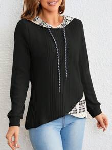 SHEIN LUNE 女用格紋拼布抽繩連帽運動衫 - 黑色 - 查看 4