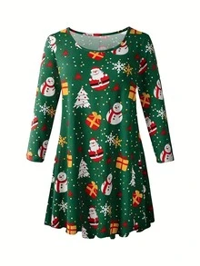 Vestido de manga larga con estampado navideño de talla grande - Verde - Ver 4