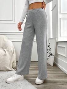 SHEIN Cottnline Solid Ribbed Knit Straight Leg Pants - Grey - View 5