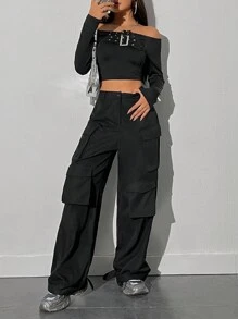 SHEIN Unity 女款寬鬆純色工裝褲 - 黑色 - 查看 5