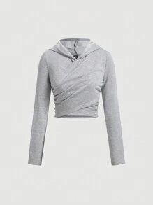 SHEIN MOD Women's Solid Color Wrapped Ruched Hoodie - Grey - View 1