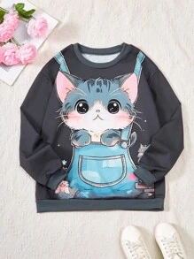 SHEIN Cô gái Tween Giải trí Và Dễ thương Quần yếm Mèo in Áo nỉ - Nhiều màu - Xem 1