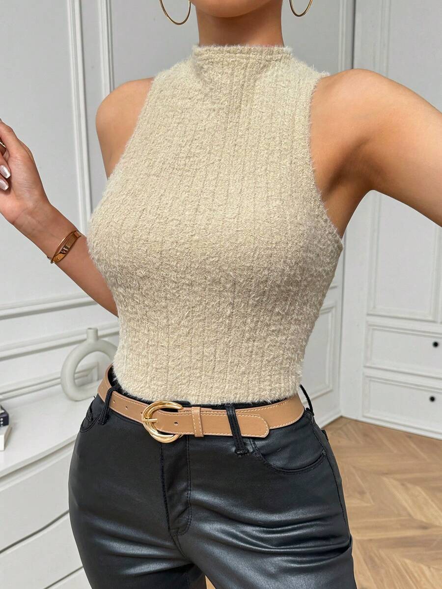 SHEIN Privé Của phụ nữ Đứng cổ áo Áo vest Áo - Màu be - Xem 1
