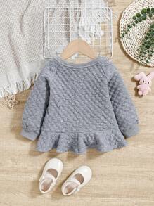 SHEIN 女嬰休閒可愛兔子圖案荷葉邊下擺長袖運動衫 - 灰色 - 查看 2