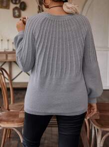 SHEIN LUNE Lantern Sleeve Round Neck Plus Size Sweater, For Winter Knit Pullover Fall Sweater - Grey - View 3