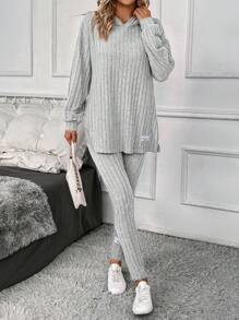 SHEIN LUNE Women's Hoodie & Pants Set With Letter Patchwork, Ribbed Stripe Details - Grey - View 1