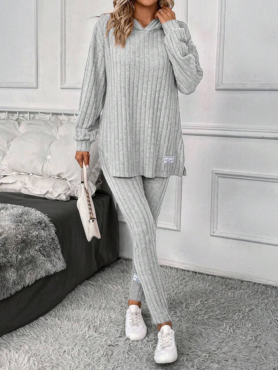 SHEIN LUNE Women's Hoodie & Pants Set With Letter Patchwork, Ribbed Stripe Details - Grey - View 1