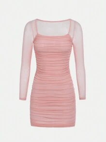 SHEIN Teen Girl Knitted Solid Square Neck Mesh Pleated Dress - Baby Pink - View 3