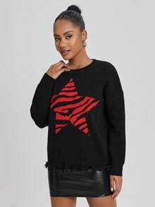 Rat Studio Women's Zebra Print Star Pattern Round Neck Drop Shoulder Sweater - Multicolor - View 3