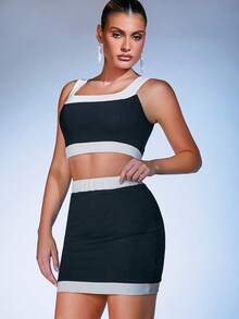 Hauture Colorblock Crop Top & Mini Skirt Two Pieces Set - Black and White - View 3