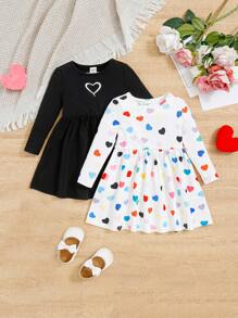 SHEIN 女嬰休閒心形圖案長袖 A 字洋裝搭配馬甲 2 件套 - 彩色 - 查看 1