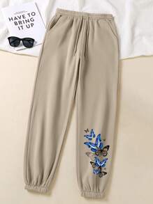 SHEIN LUNE Của phụ nữ Loại bướm In Dây rút Eo đàn hồi Trở viền Chạy bộ - Màu Khaki - Xem 1