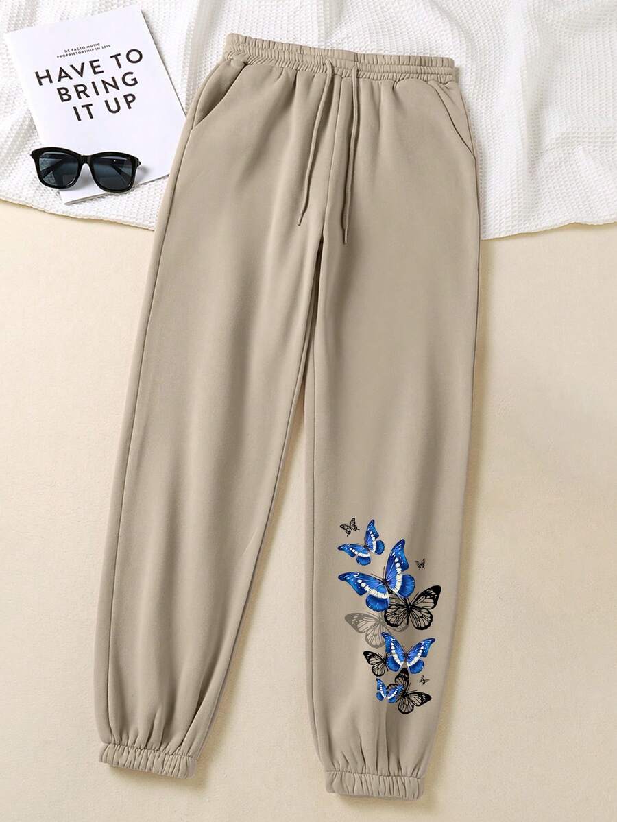 SHEIN LUNE Của phụ nữ Loại bướm In Dây rút Eo đàn hồi Trở viền Chạy bộ - Màu Khaki - Xem 1