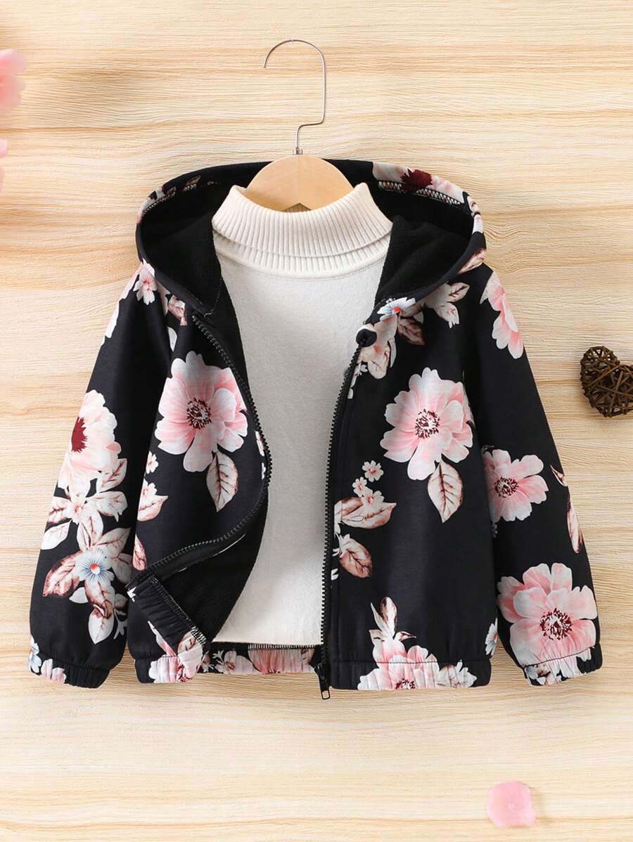 SHEIN 1件女童花卉印花連帽外套,適用於度假風格,秋冬季節 - 黑色 - 查看 1