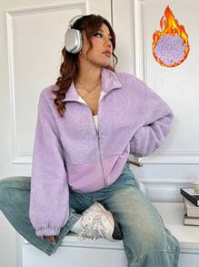 SHEIN EZwear Women's Warm And Casual Purple Furry Jacket - Purple - View 1
