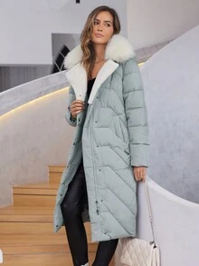 HaiLuoZi Cappotto imbottito con cappuccio, slim fit, dal collo di pelliccia, casual invernale - Grigio - Visualizzare 8