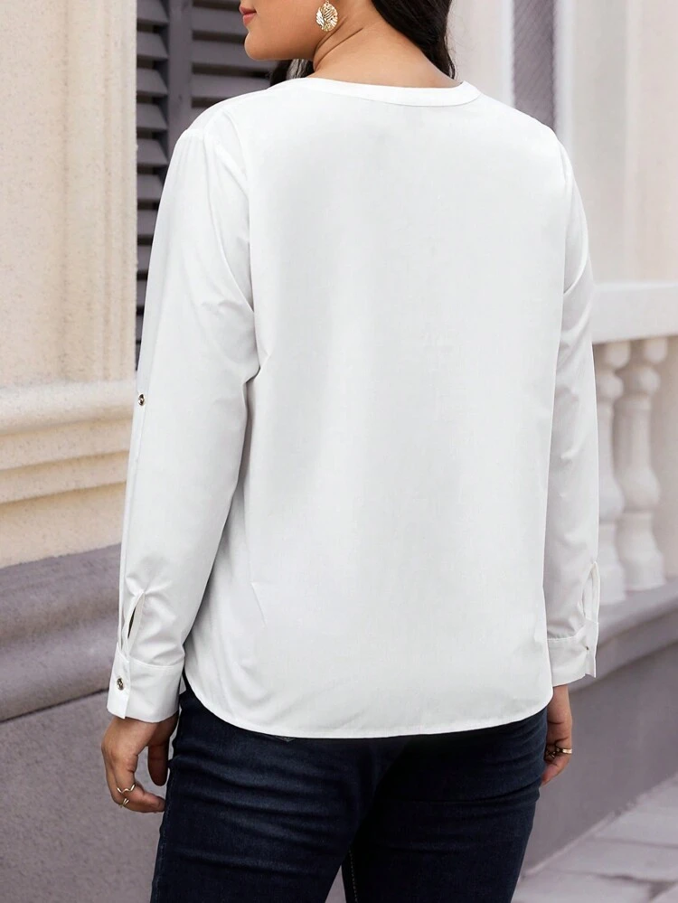 Plus Size Women's Solid Color Shirt With Notched Collar
