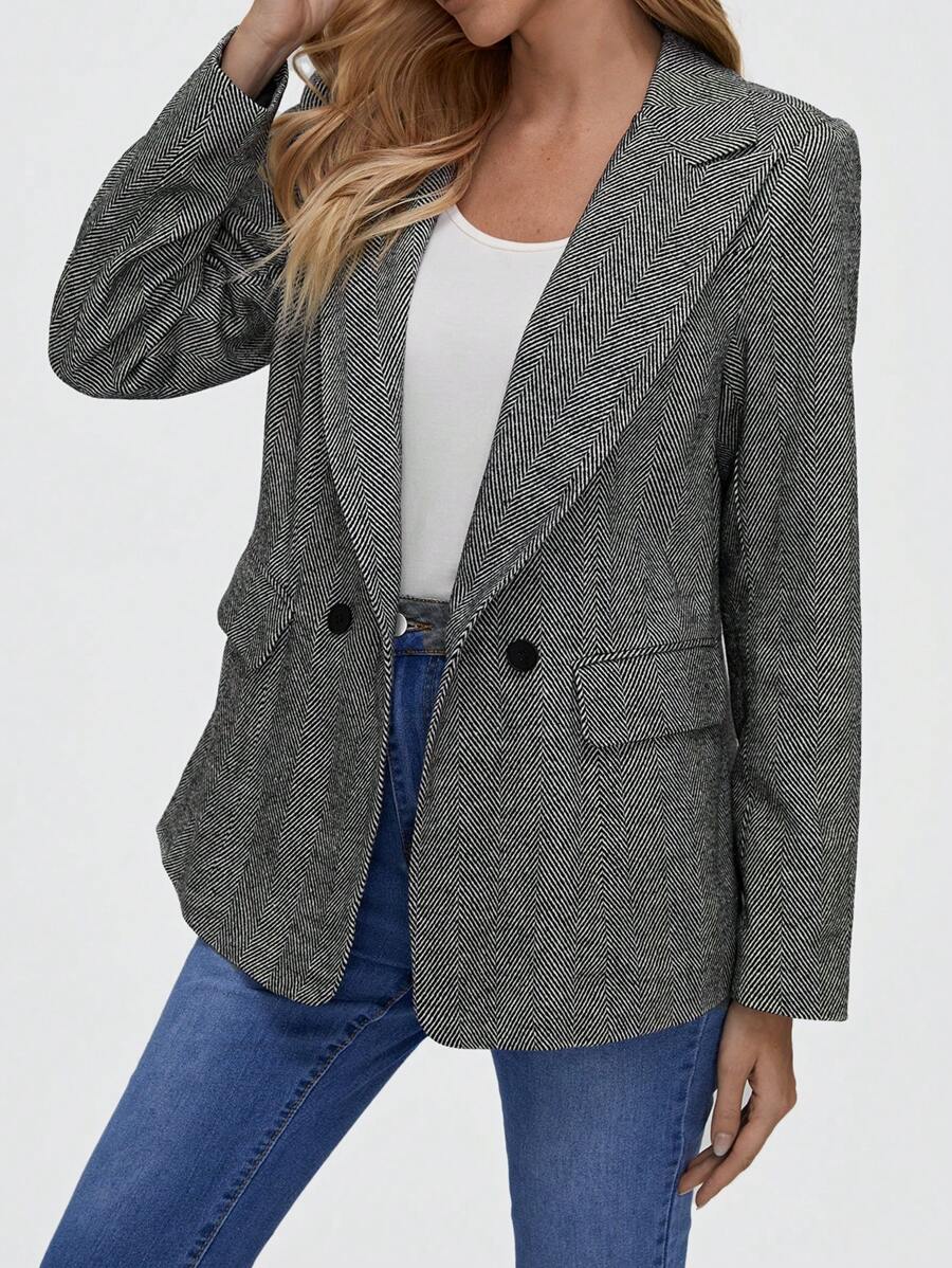 EMERY ROSE Lapel Neck Double Button Blazer - Dark Grey - View 1