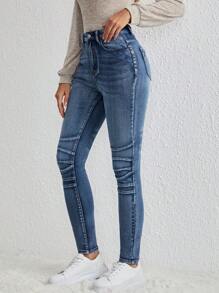 SHEIN LUNE High Elasticity, Vintage Style, Heavy Duty, Water Washed, Press Creased Women'S Jeans