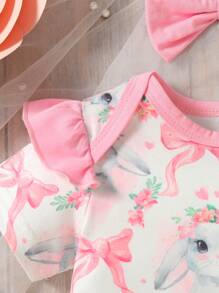 SHEIN Baby Girls' Cartoon Rabbit Printed Romper With Lace Decoration And Hair Band Set - Multicolor - View 5