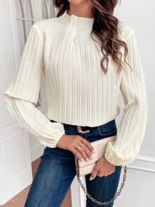 SHEIN Frenchy 純色褶皺細節燈籠袖襯衫 - 杏色 - 查看 1