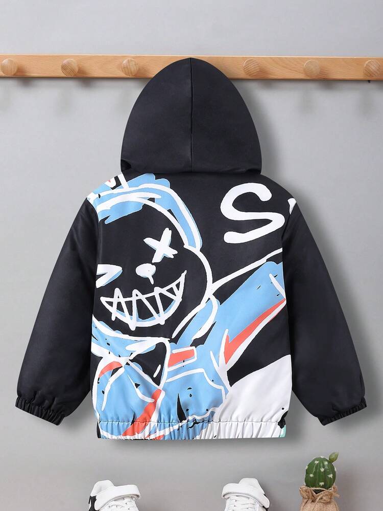 Toddler Boys' Cartoon Letter Printed Zipper Front Hooded Fleece Jacket
