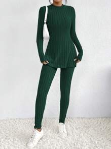 SHEIN Frenchy Mock Neck Split Hem Ribbed Knit Tee & Leggings  Commute Minimalist Office Old Money  Simple Winter Green Casual Christmas Spring - Green - View 6