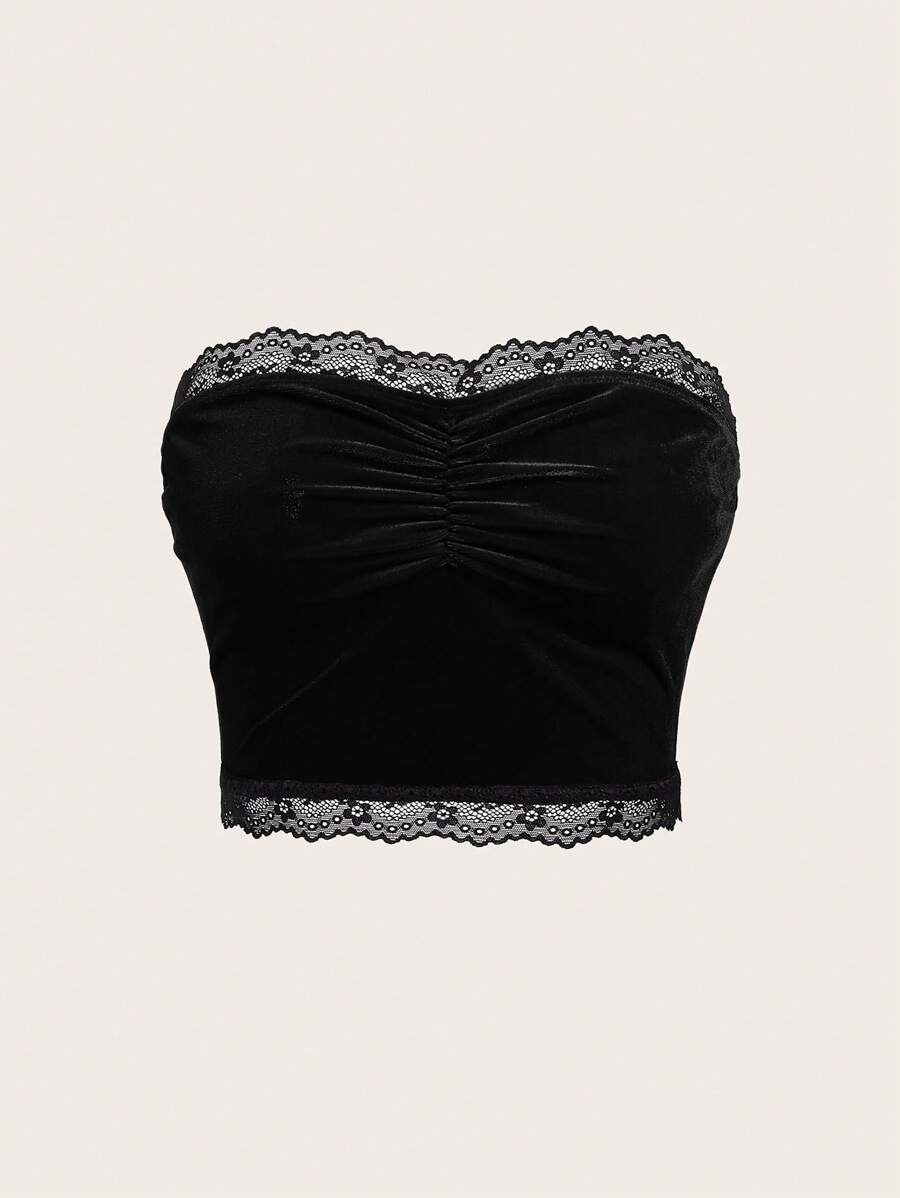 SHEIN ICON Women's Knitted Lace Strapless Crop Top - Black - View 1
