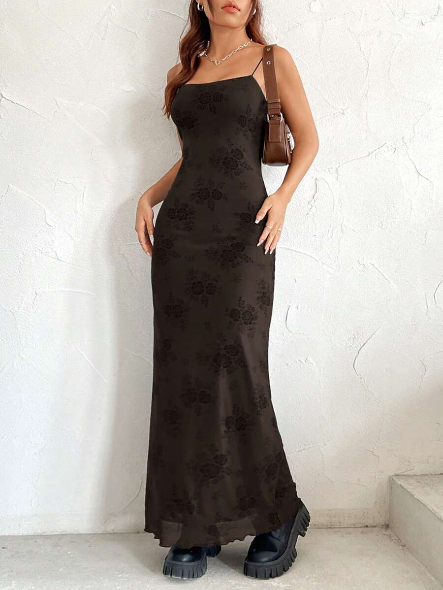 SHEIN EZwear Của phụ nữ Cạnh rau diếp In hoa Dây đeo Mì Ý  Đầm - xanh quân đội - Xem 1