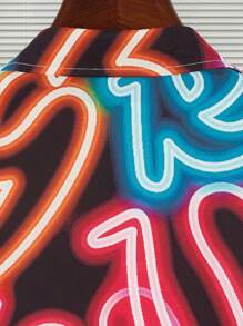 ROMWE MEN Street Life Men All Over Printed Turn-Down Collar Long Sleeve Shirt - Multicolor - View 4