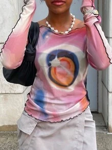 Women's Long Sleeve Fashionable Y2K Ruffle Hem Tie-Dye T-Shirt - Pink - View 5