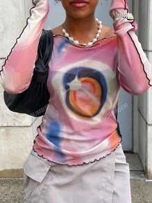 Women's Long Sleeve Fashionable Y2K Ruffle Hem Tie-Dye T-Shirt