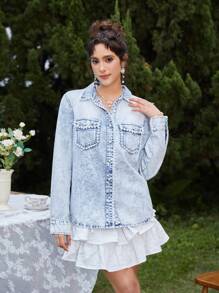 SHEIN Ladies' Denim Top With Front Row Button Closure - Light Wash - View 3