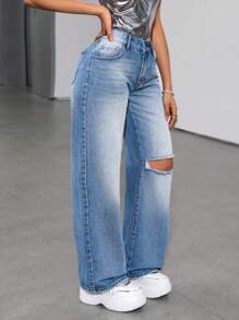 SHEIN ICON Women's Distressed Loose Straight Leg Jeans - Blue - View 5