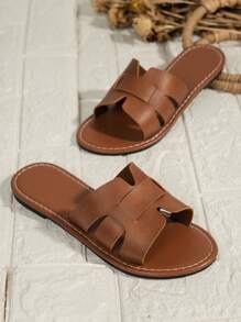 Dép đế bằng Hàn Quốc thông thường dành cho nữ, hở mũi, dệt, phong cách La Mã, phù hợp cho mùa hè, mùa xuân và mùa thu, dép thời trang kết hợp với váy, lý tưởng để mặc đi biển, ngoài trời và ở nhà - Màu nâu  Mocha - Xem 3
